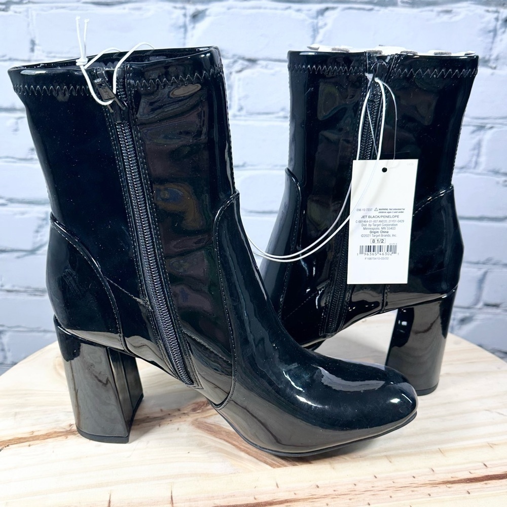 A New Day Women’s Penelope Black Faux Patent Leather Ankle Boots Size 8.5 - Picture 1 of 9